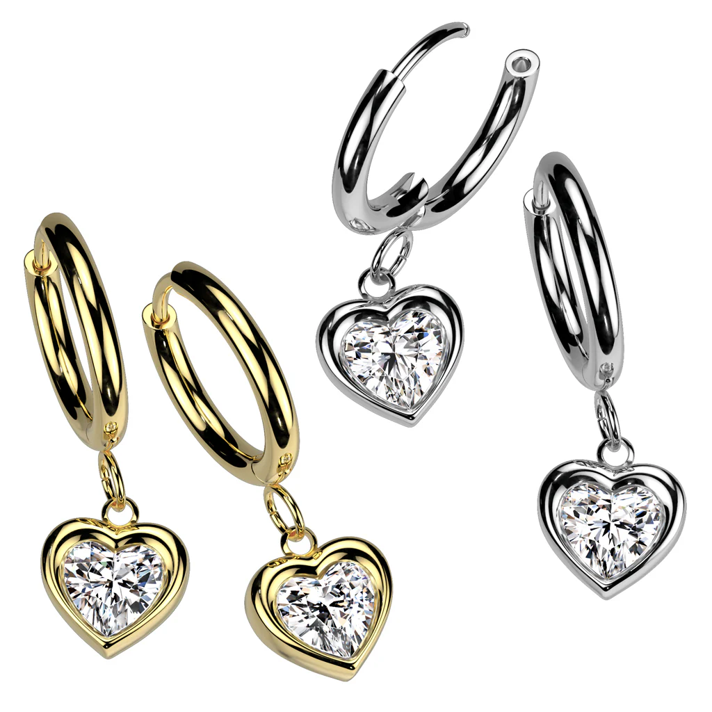 Pair Hinged Hoop Heart CZ Dangle Earrings Ear Cartilage Tragus