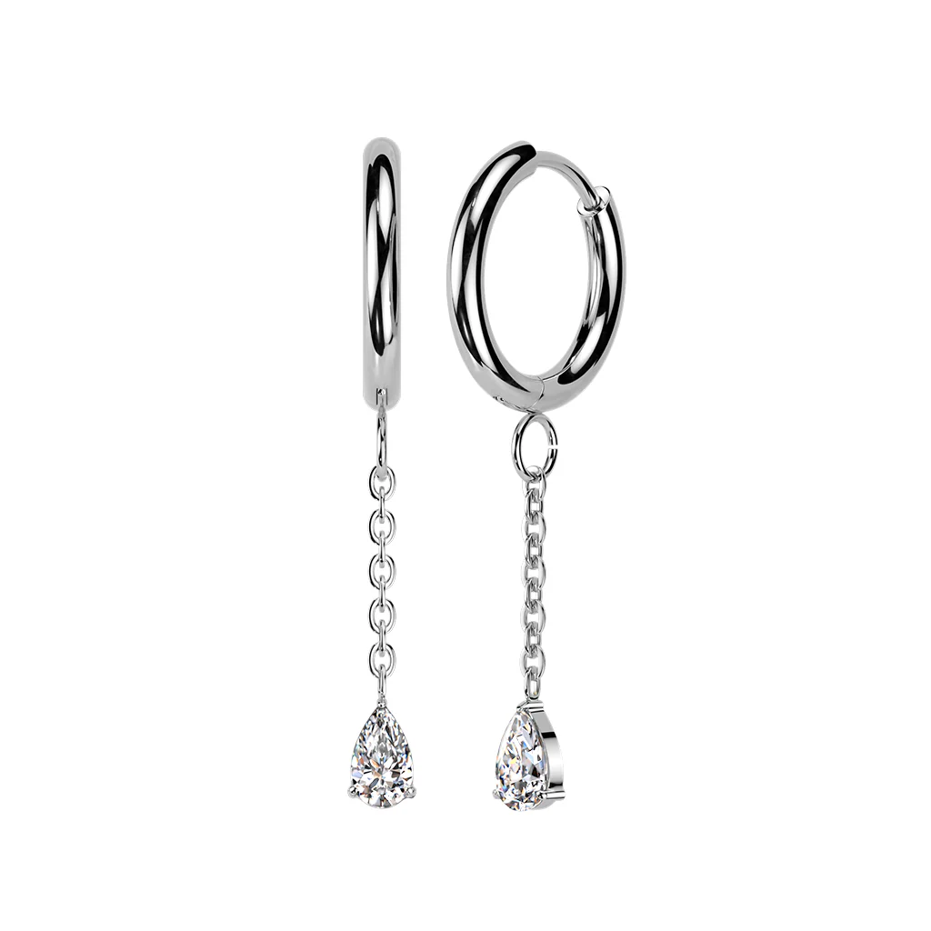 Pair Hinged Hoop Teardrop CZ Dangle Earrings Ear Cartilage Tragus