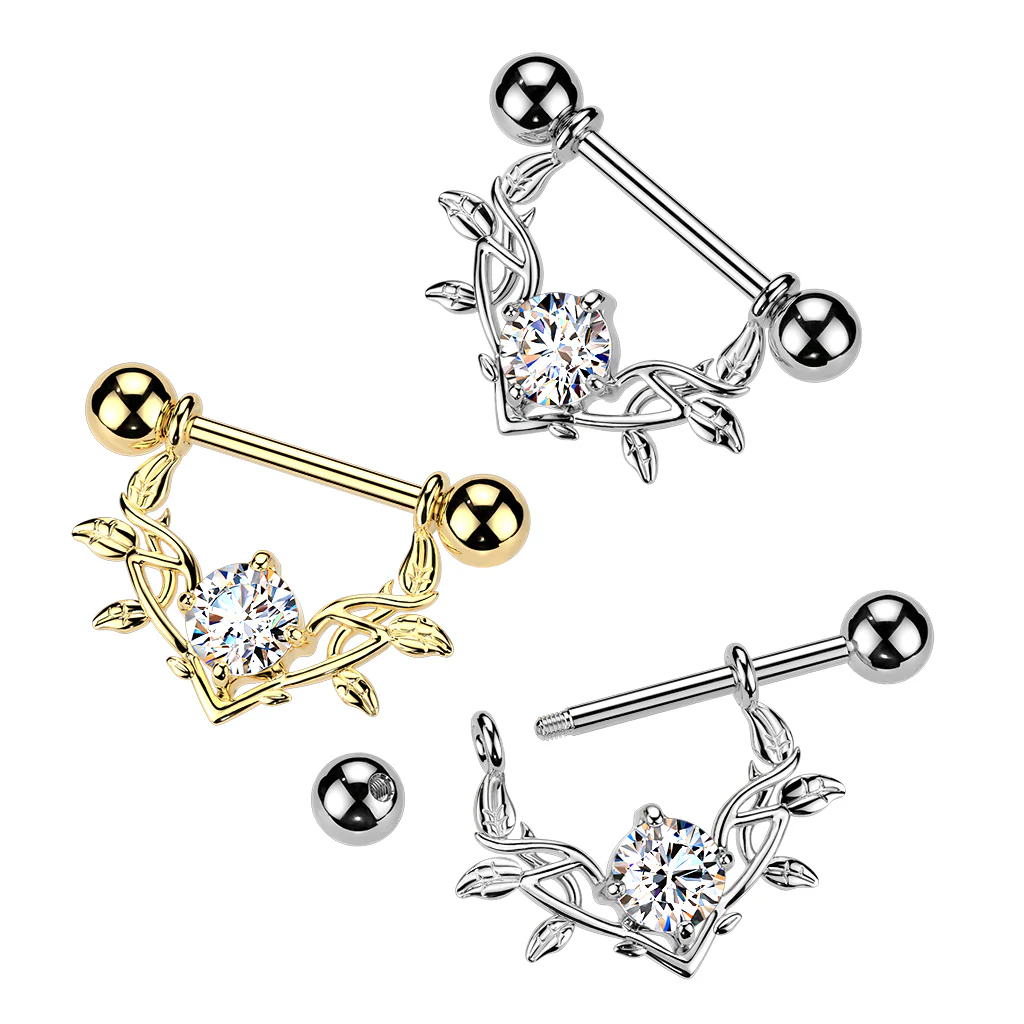Pair Large Prong Set CZ Vine Dangle Nipple Barbell