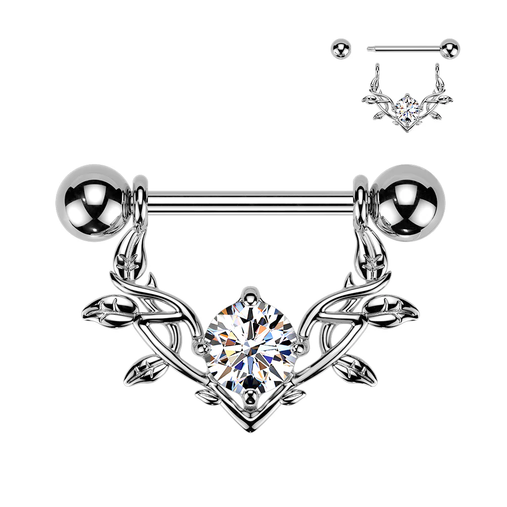 Pair Large Prong Set CZ Vine Dangle Nipple Barbell - Image 2