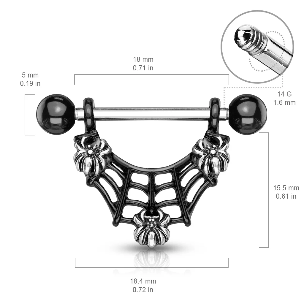 Pair of 3 Spiders On Black IP Spider Web Surgical Steel Barbell Nipple Rings - Image 2