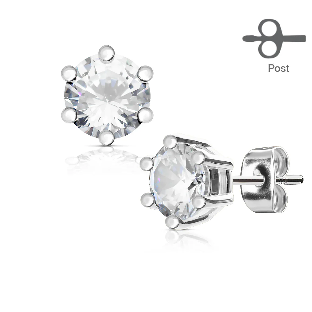 Pair of 6 Prong Set CZ 316L Surgical Steel Stud Earring - Image 2