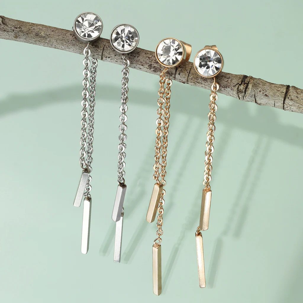 Pair of 6mm Bezel Set CZ Falling Chain Post Earring Studs - Image 2