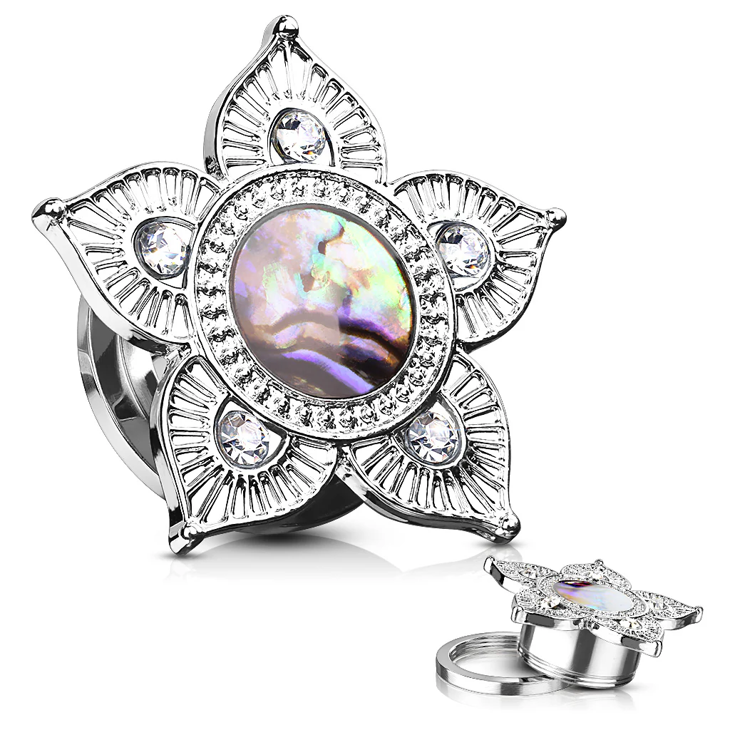 Pair Of Abalone Shell Centered Tribal Flower Screw Fit Flesh Tunnels - Image 2