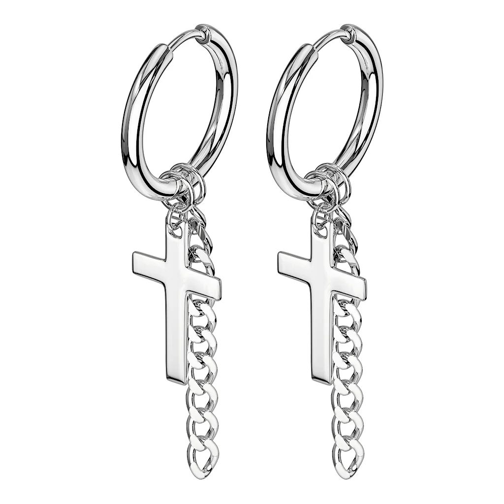Pair of Cross Chain Dangle Stainless Steel Hinge Seamless Hoop Earrings - Image 2