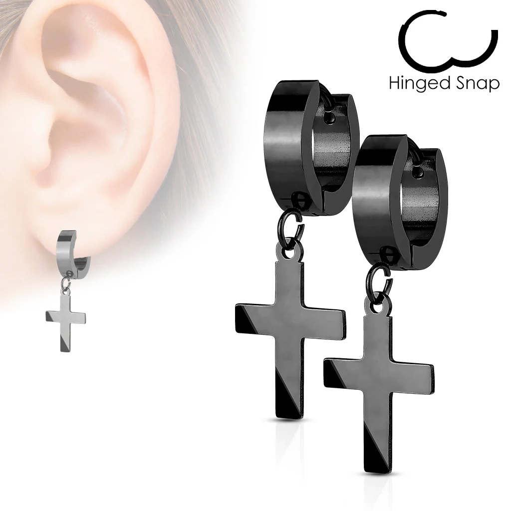 Pair of  Stainless Steel Cross Dangle Hinged Hoop Earring Studs - Image 3