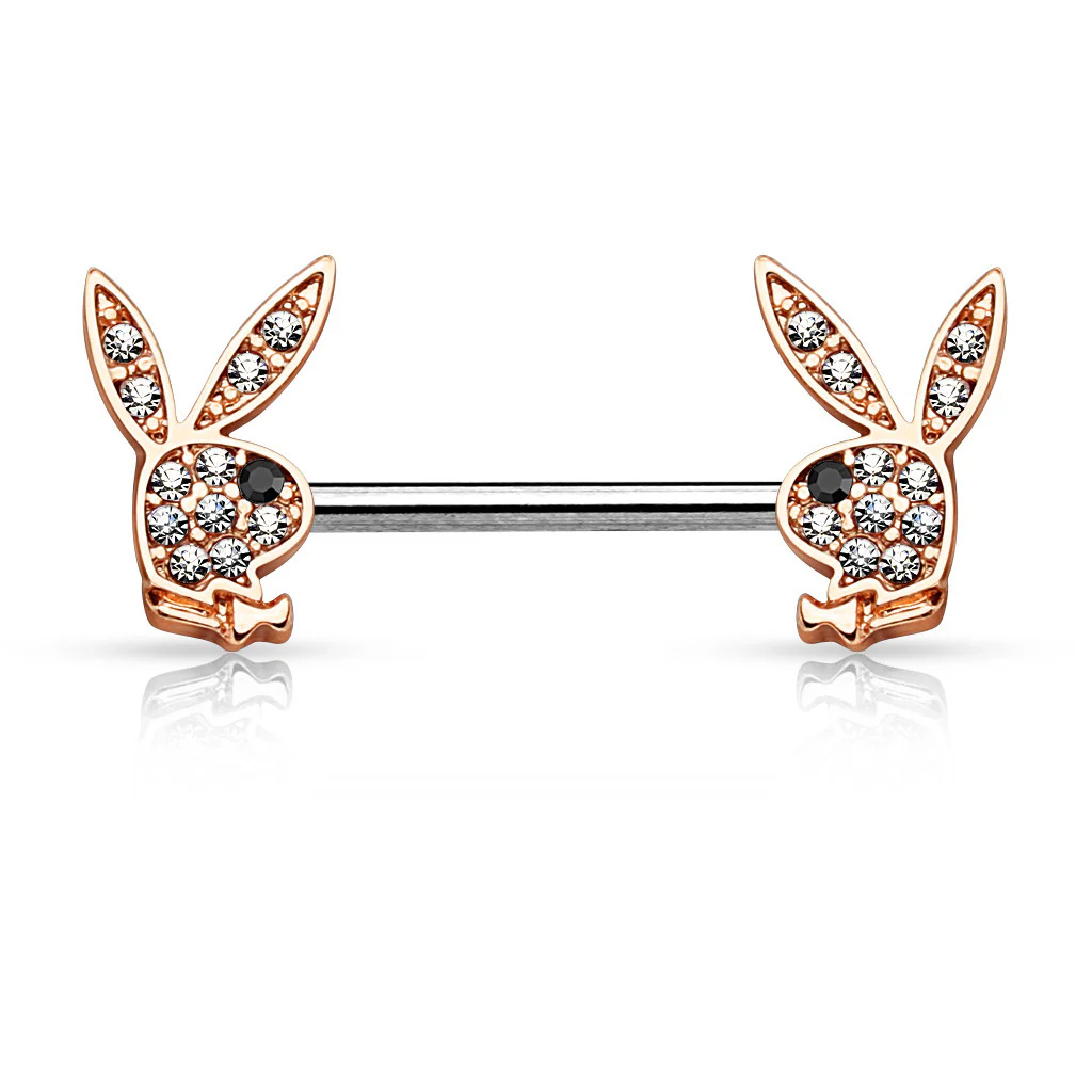 Pair of CZ Playboy Bunny Surgical Steel Nipple Ring Barbell