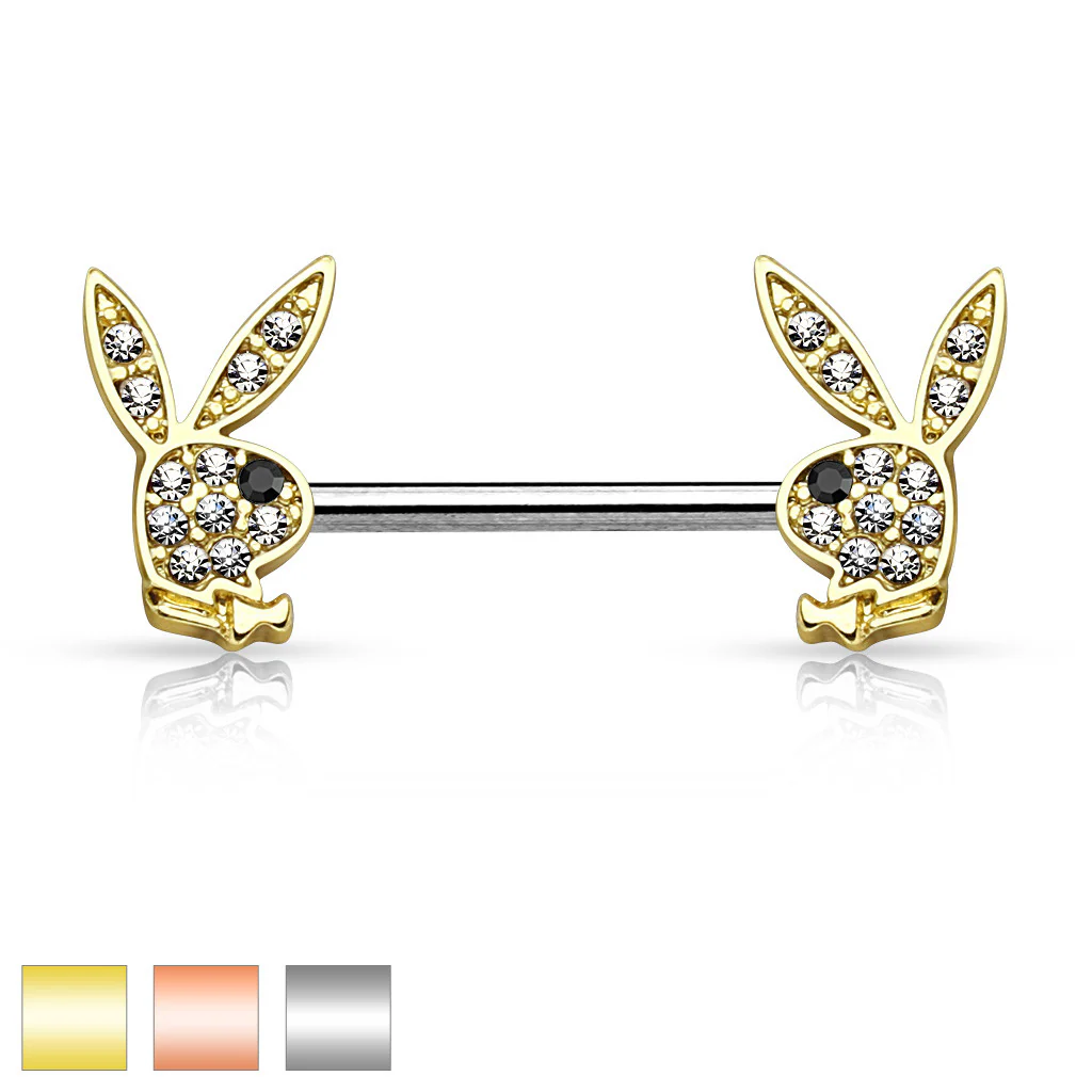 Pair of CZ Playboy Bunny Surgical Steel Nipple Ring Barbell - Image 2