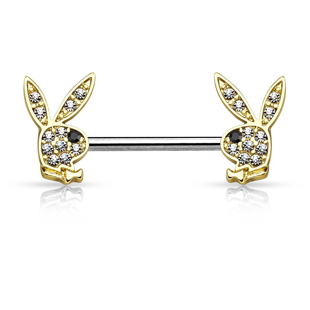 Pair of CZ Playboy Bunny Surgical Steel Nipple Ring Barbell - Image 3