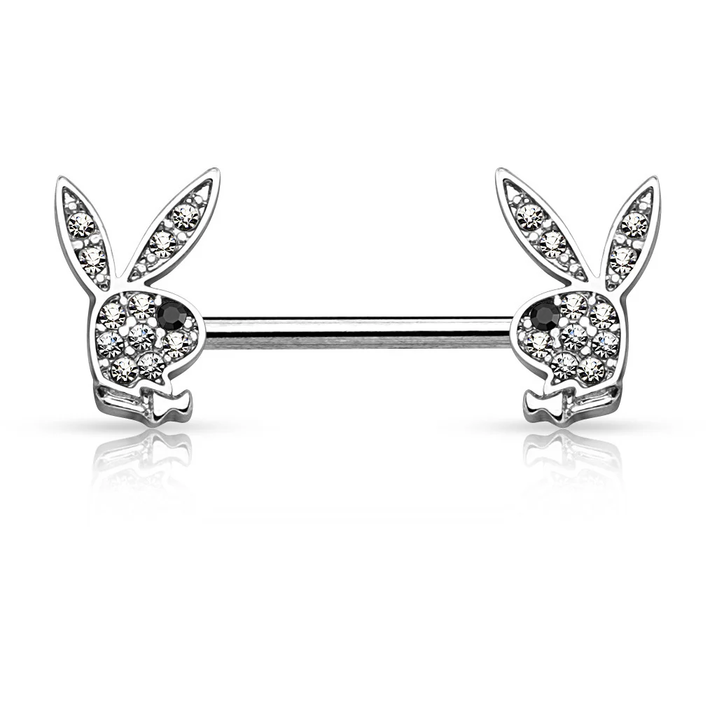 Pair of CZ Playboy Bunny Surgical Steel Nipple Ring Barbell - Image 4