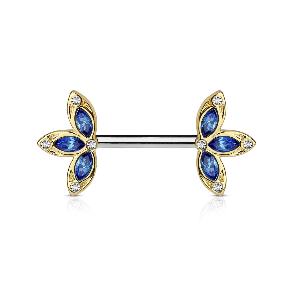 Pair of Crystal Set Three Petal Flower Surgical Steel Nipple Barbells - Image 3