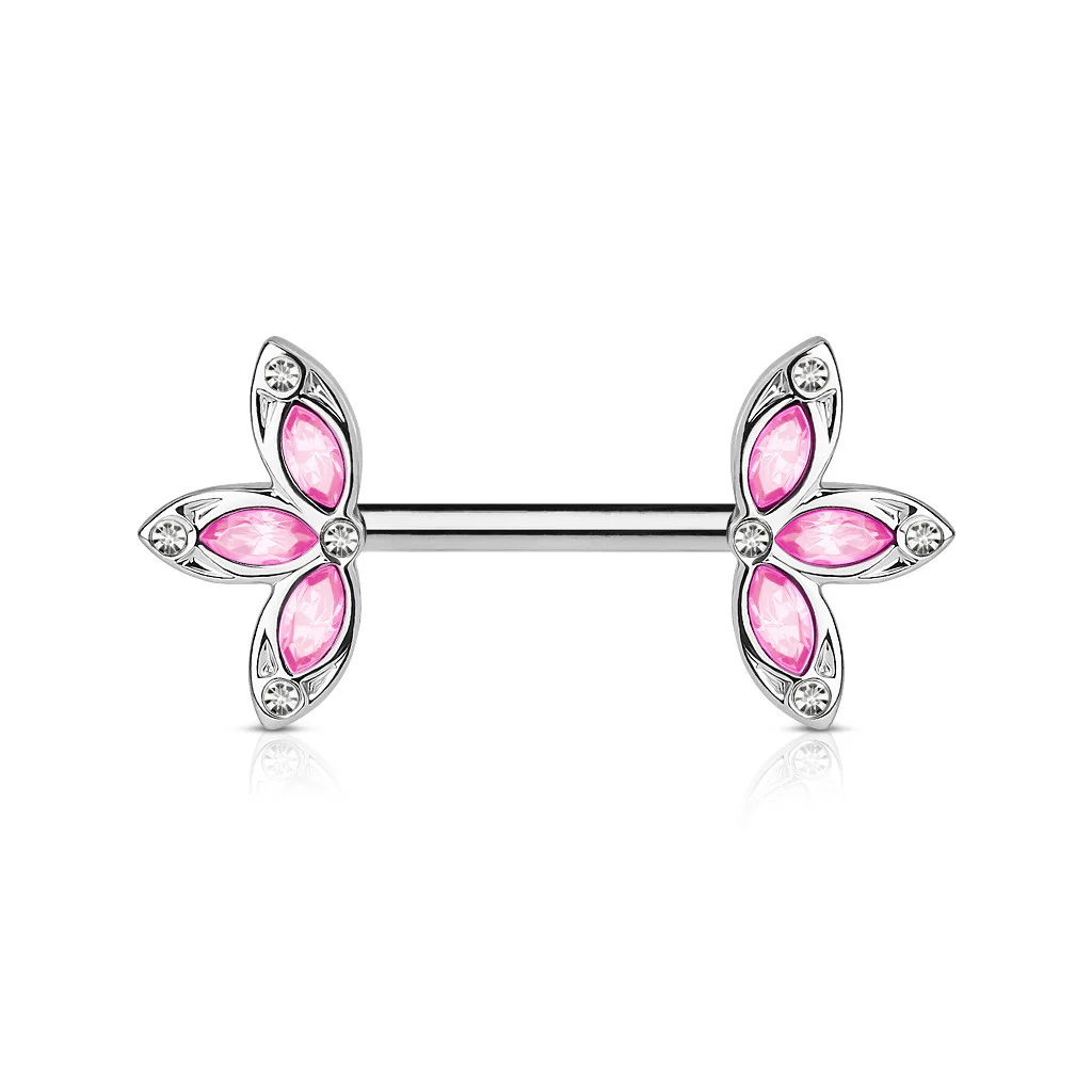 Pair of Crystal Set Three Petal Flower Surgical Steel Nipple Barbells - Image 4