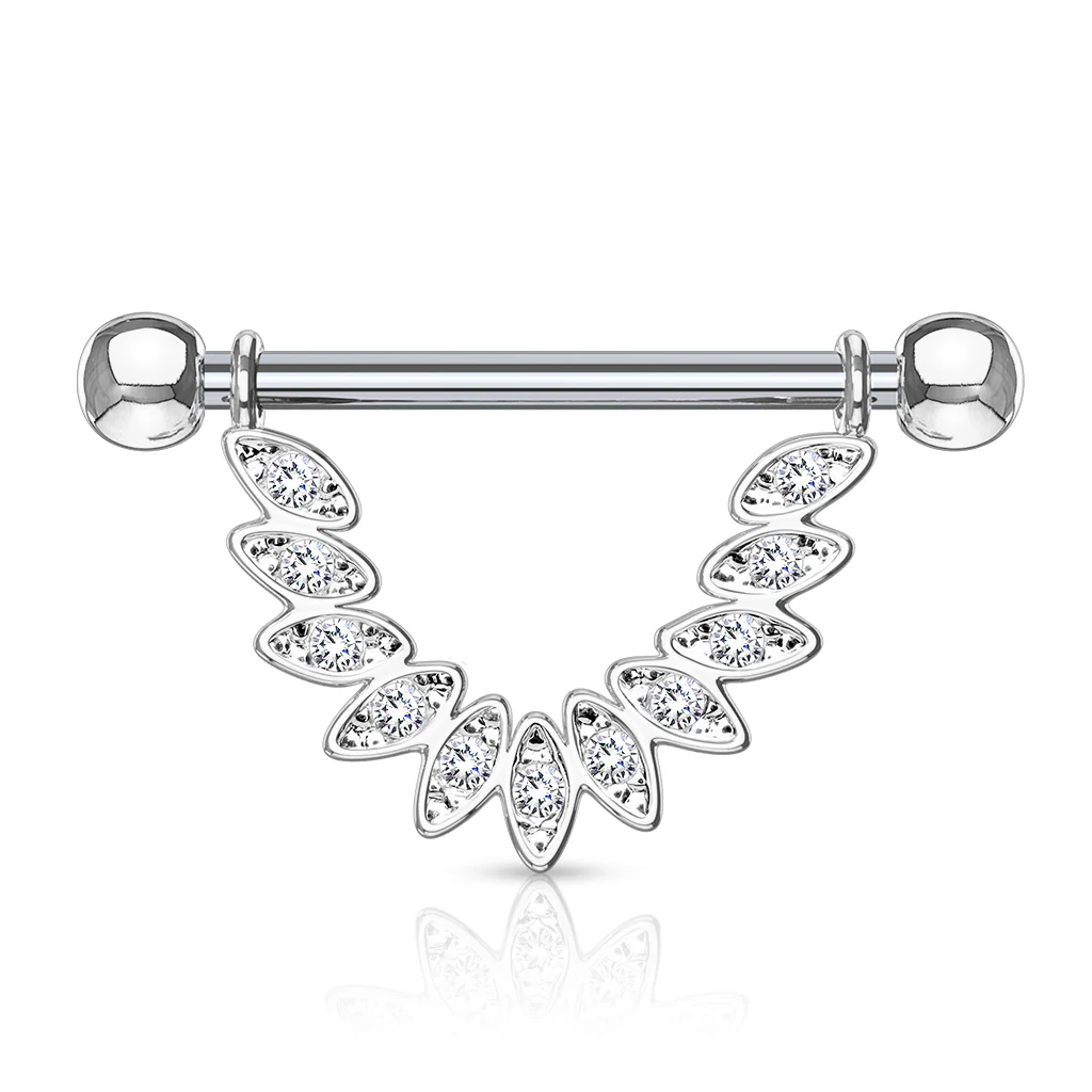 Pair of CZ Feather Dangle Surgical Steel Barbell Nipple Rings - Image 2