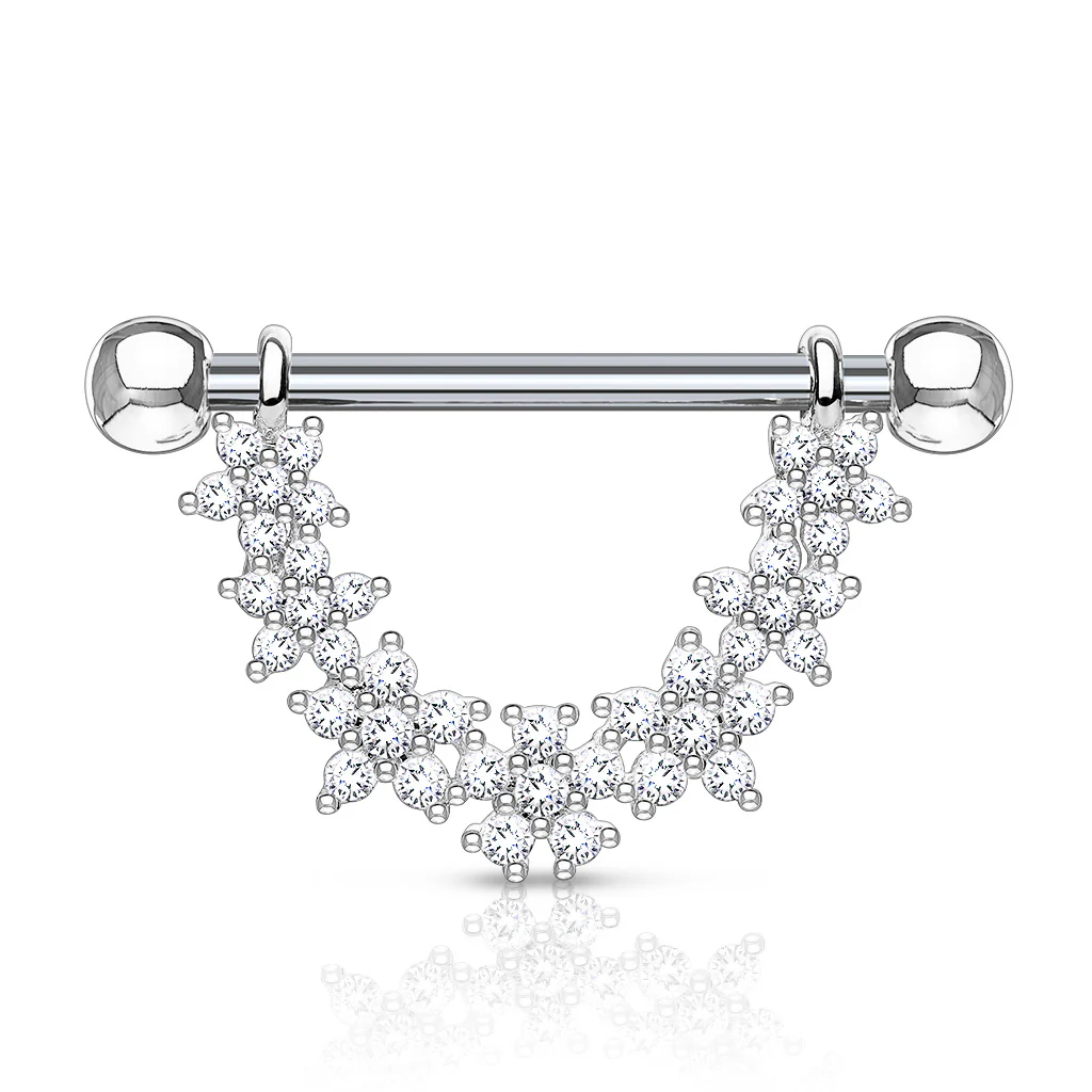 Pair of CZ Flower Dangle Surgical Steel Barbell Nipple Rings - Image 2