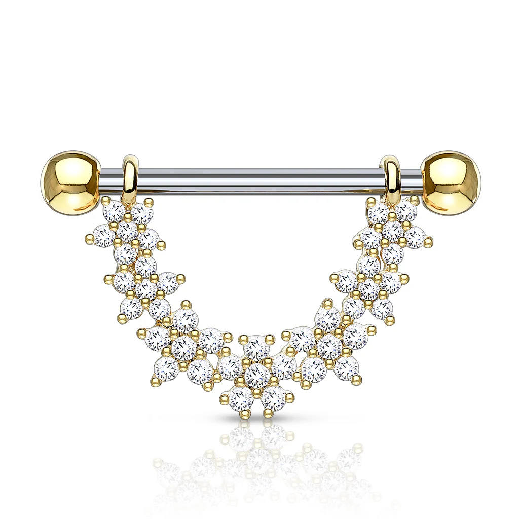 Pair of CZ Flower Dangle Surgical Steel Barbell Nipple Rings - Image 3