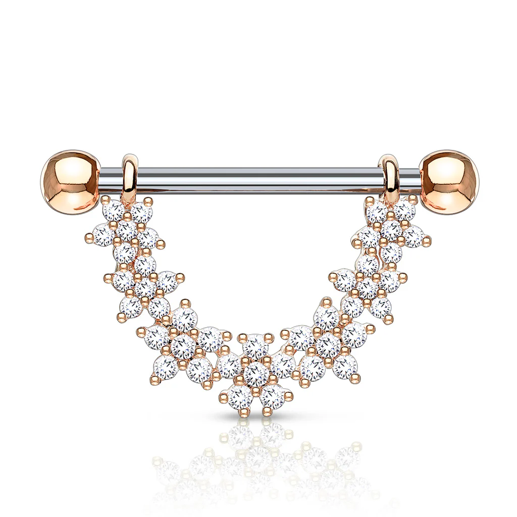 Pair of CZ Flower Dangle Surgical Steel Barbell Nipple Rings - Image 4