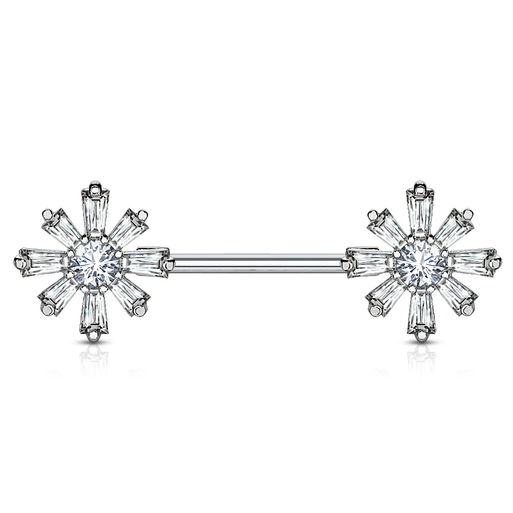 Pair of CZ Flower Surgical Steel Barbell Nipple Rings - Image 2