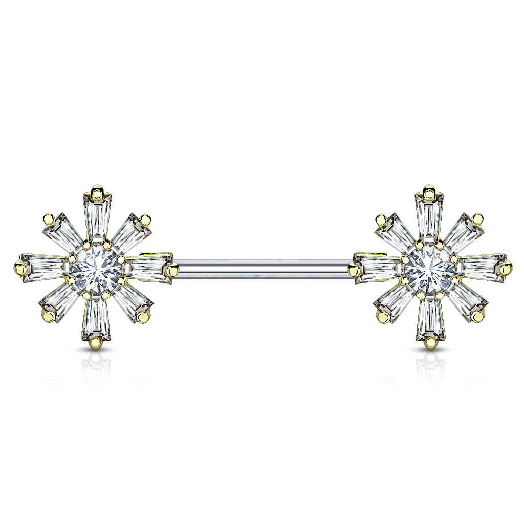 Pair of CZ Flower Surgical Steel Barbell Nipple Rings - Image 3