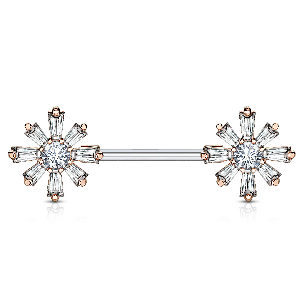 Pair of CZ Flower Surgical Steel Barbell Nipple Rings - Image 4
