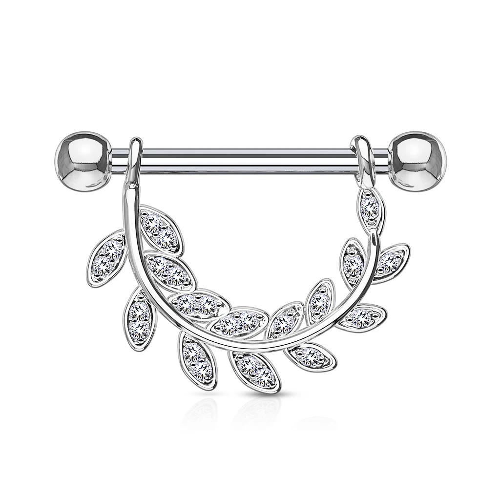 Pair of CZ Leaf Surgical Steel Barbell Nipple Rings - Image 2