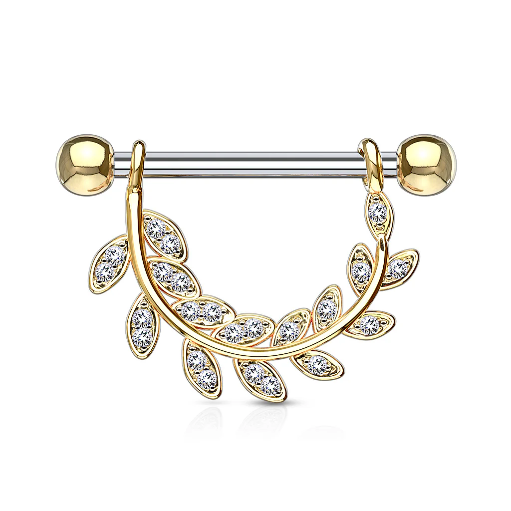 Pair of CZ Leaf Surgical Steel Barbell Nipple Rings - Image 3