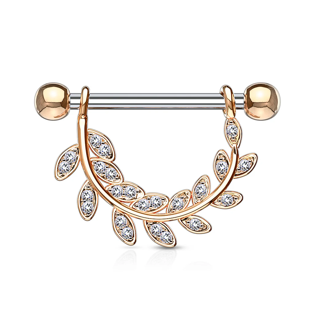 Pair of CZ Leaf Surgical Steel Barbell Nipple Rings - Image 4