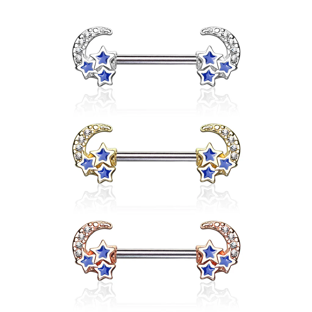 Pair of CZ Paved Crescent Moon Star 316L Surgical Steel Nipple Barbells
