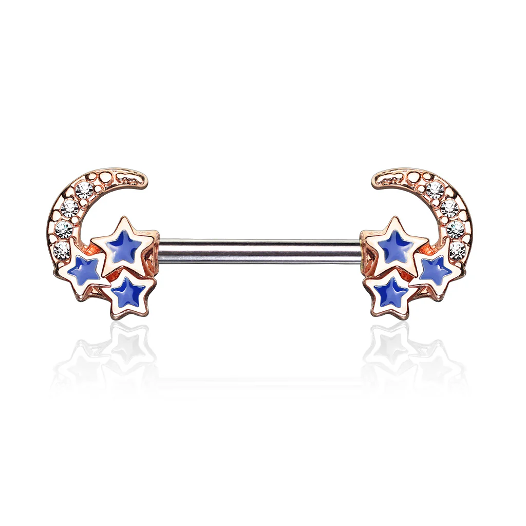 Pair of CZ Paved Crescent Moon Star 316L Surgical Steel Nipple Barbells - Image 2