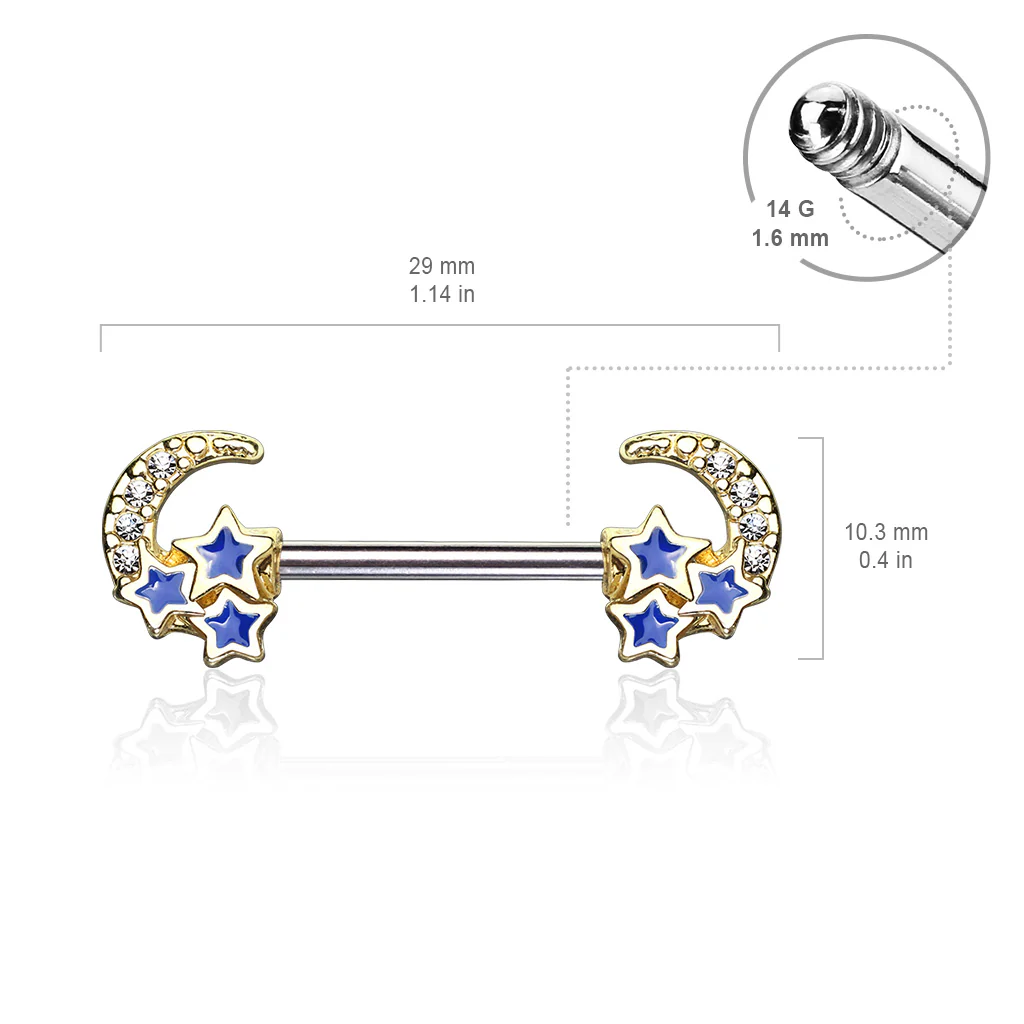 Pair of CZ Paved Crescent Moon Star 316L Surgical Steel Nipple Barbells - Image 3