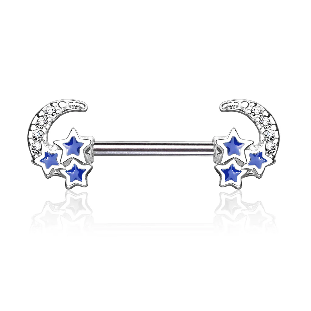 Pair of CZ Paved Crescent Moon Star 316L Surgical Steel Nipple Barbells - Image 4