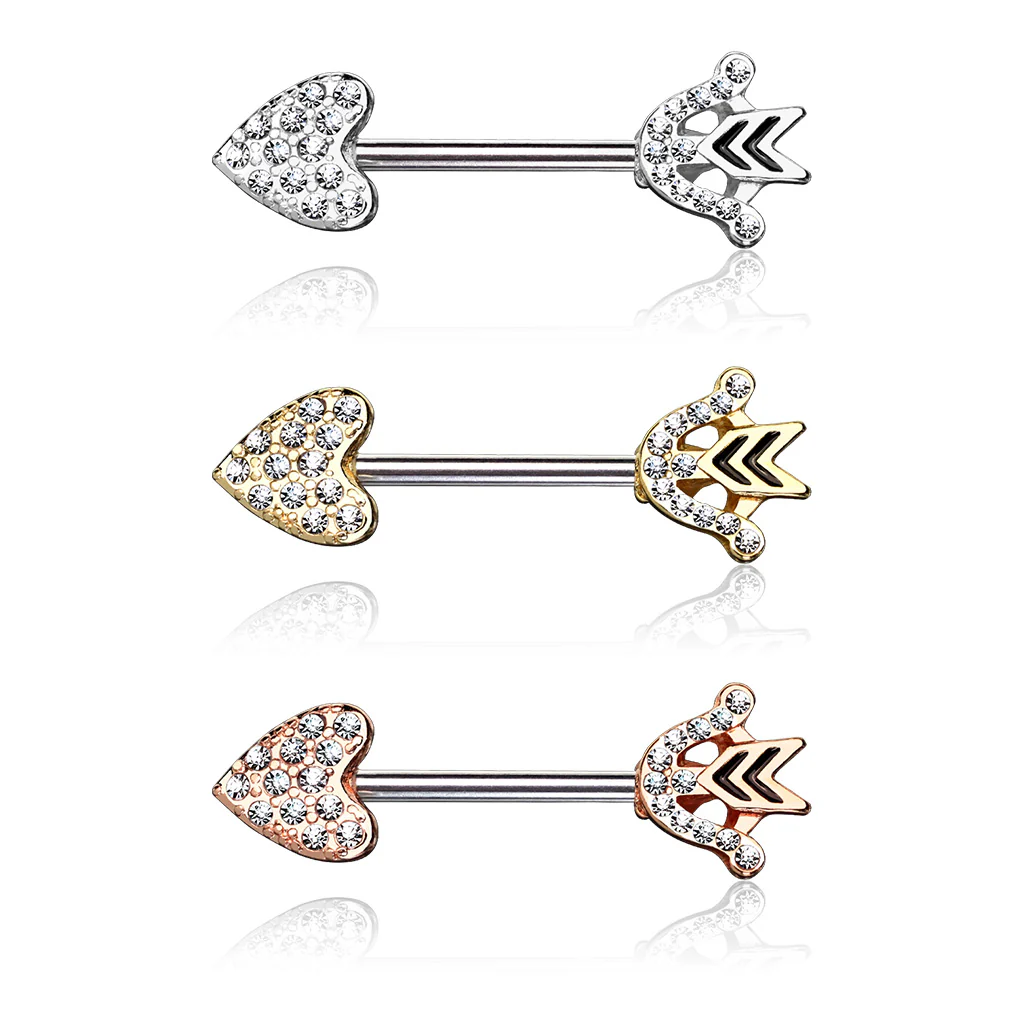 Pair of CZ Paved Heart Arrow 316L Surgical Steel Nipple Barbells