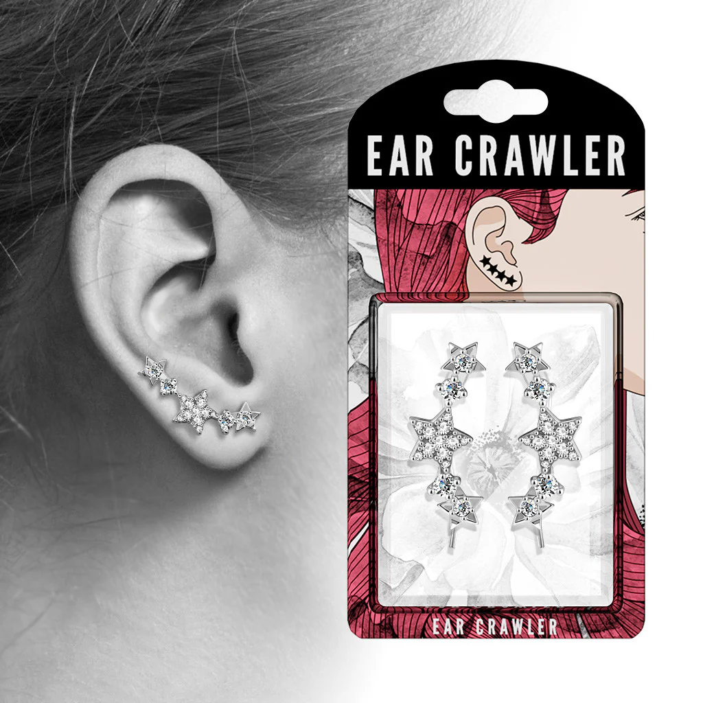Pair of CZ Paved Stars Ear Crawler Ear Climber Earrings - Image 3