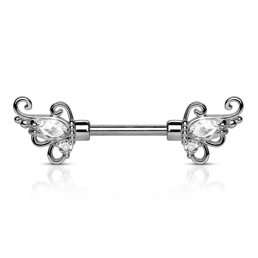 Pair of CZ Set Floral Filigree Surgical Steel Barbell Nipple Rings - Image 2