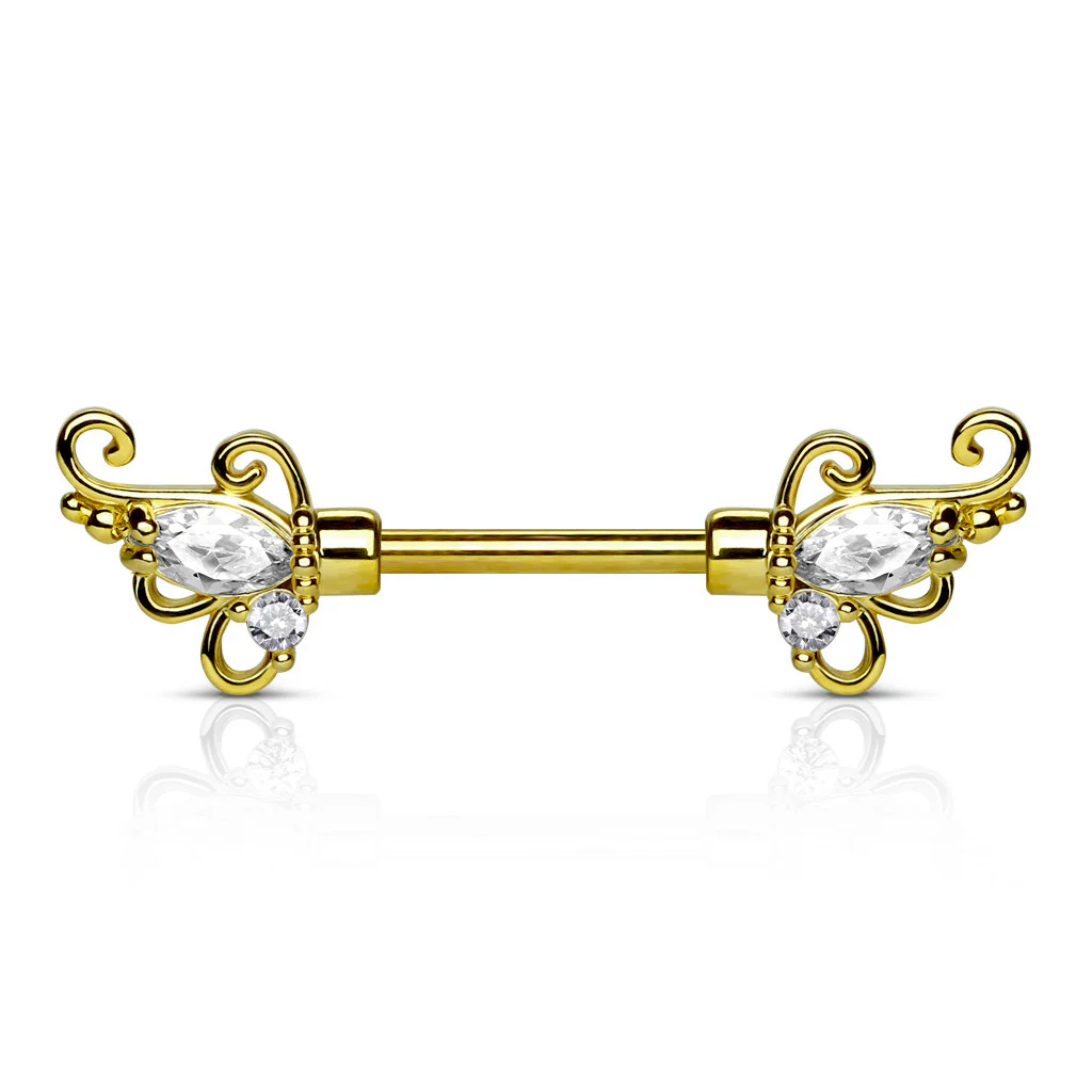 Pair of CZ Set Floral Filigree Surgical Steel Barbell Nipple Rings - Image 3