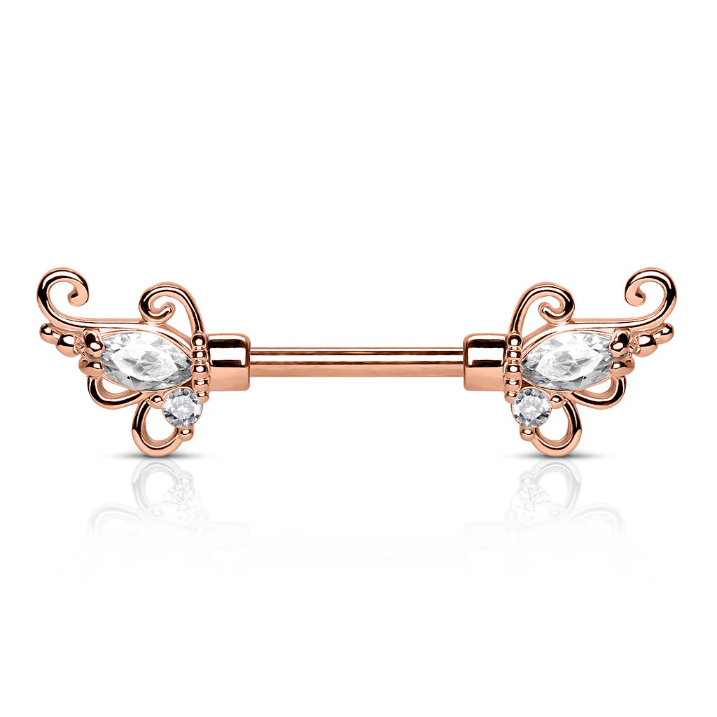Pair of CZ Set Floral Filigree Surgical Steel Barbell Nipple Rings - Image 4