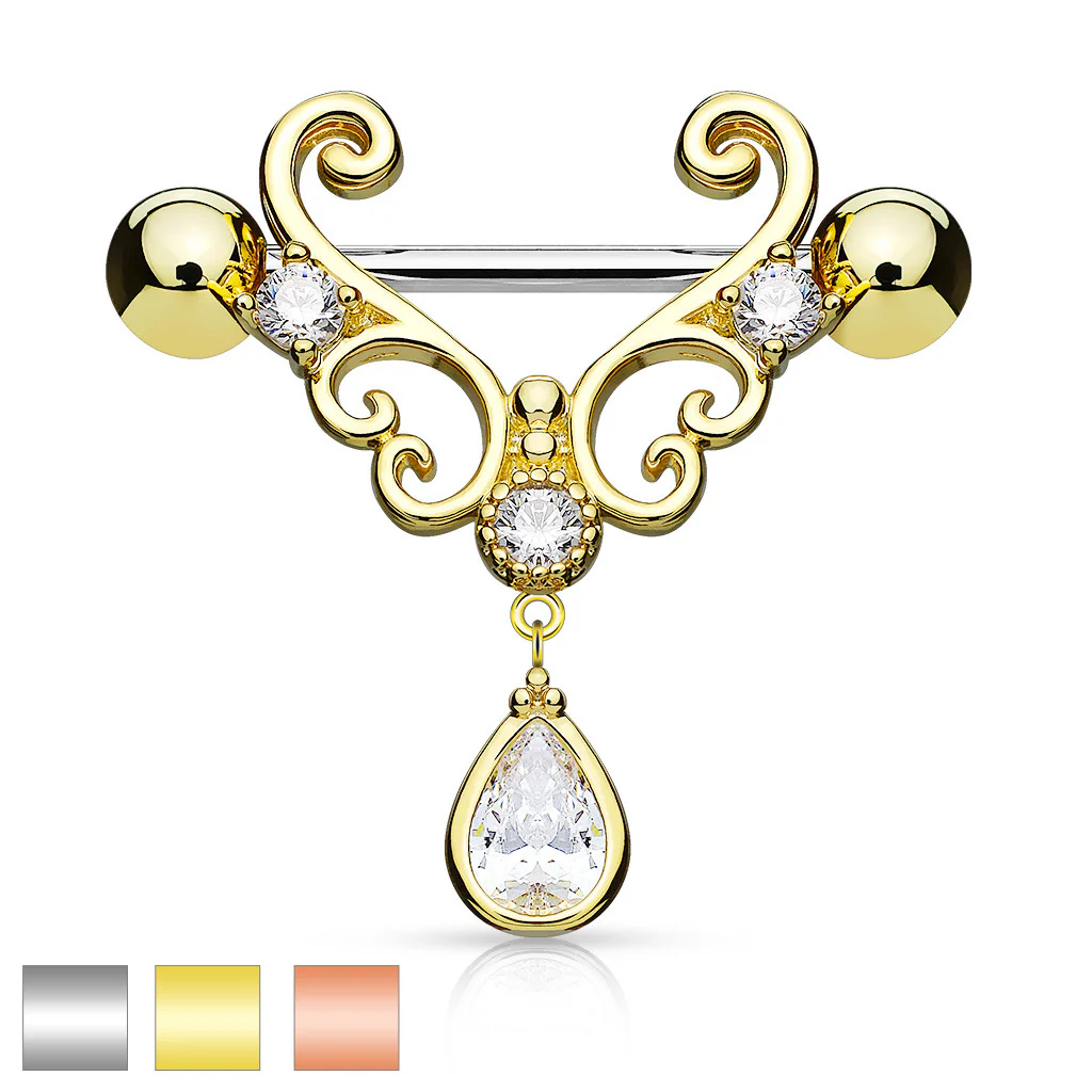 Pair of CZ Heart Filigree Tear Drop Dangle Surgical Steel Nipple Rings