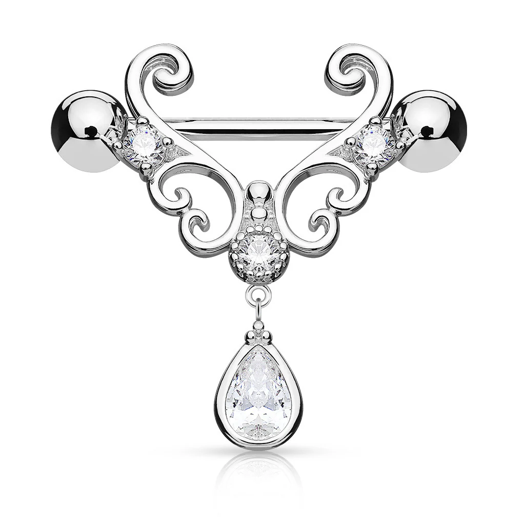 Pair of CZ Heart Filigree Tear Drop Dangle Surgical Steel Nipple Rings - Image 2