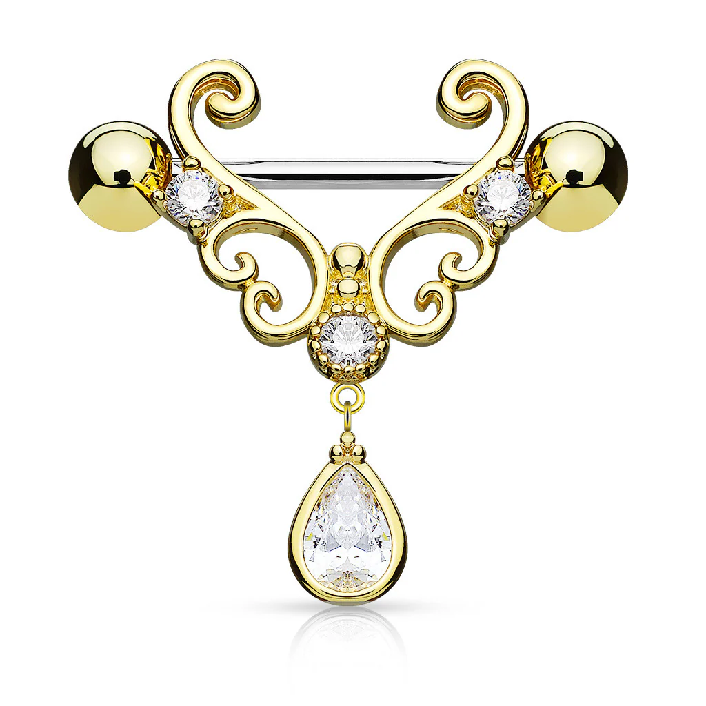 Pair of CZ Heart Filigree Tear Drop Dangle Surgical Steel Nipple Rings - Image 3