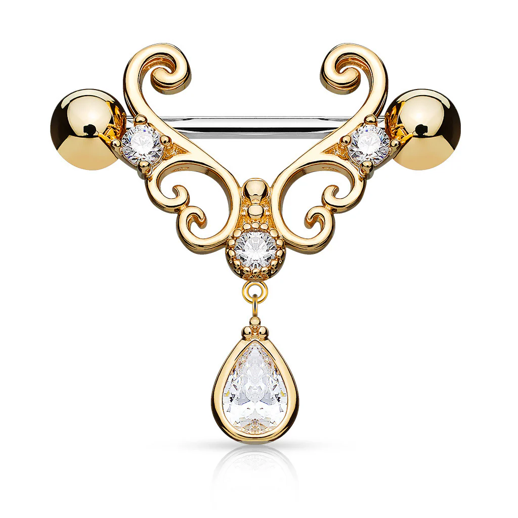 Pair of CZ Heart Filigree Tear Drop Dangle Surgical Steel Nipple Rings - Image 4