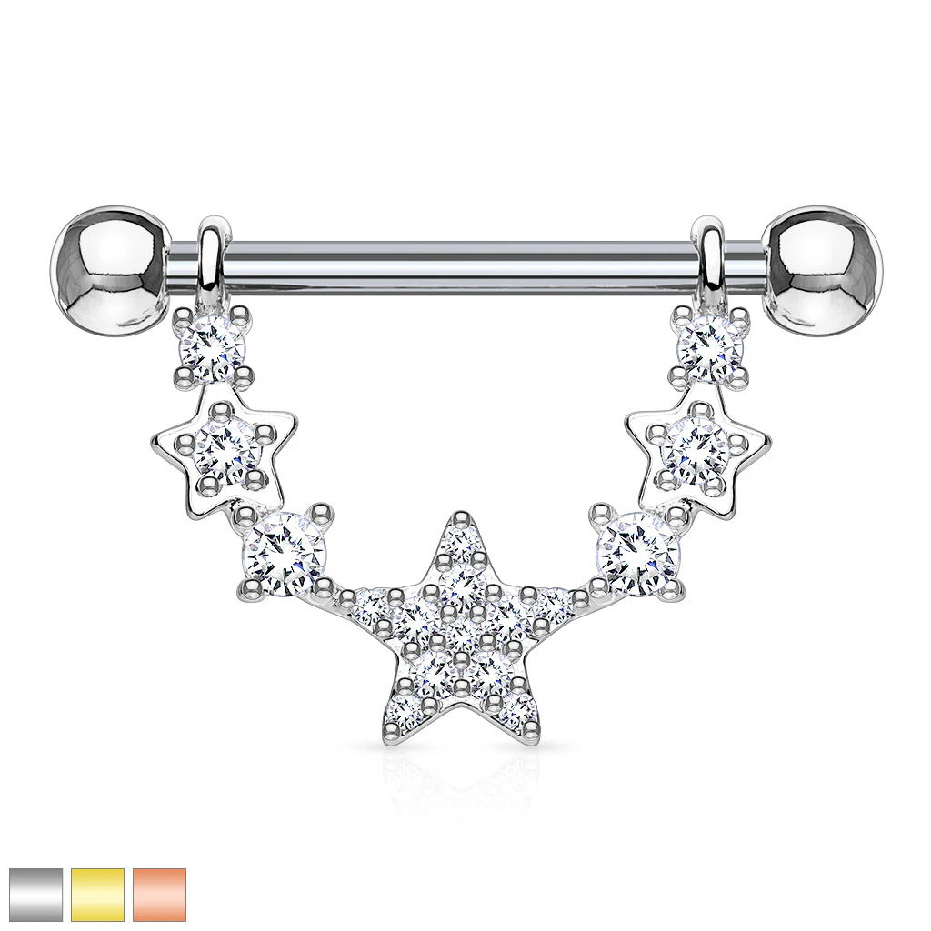 Pair of CZ Star Linked Surgical Steel Barbell Nipple Rings
