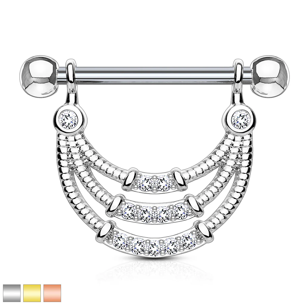 Pair of CZ Triple Dangle Surgical Steel Barbell Nipple Rings