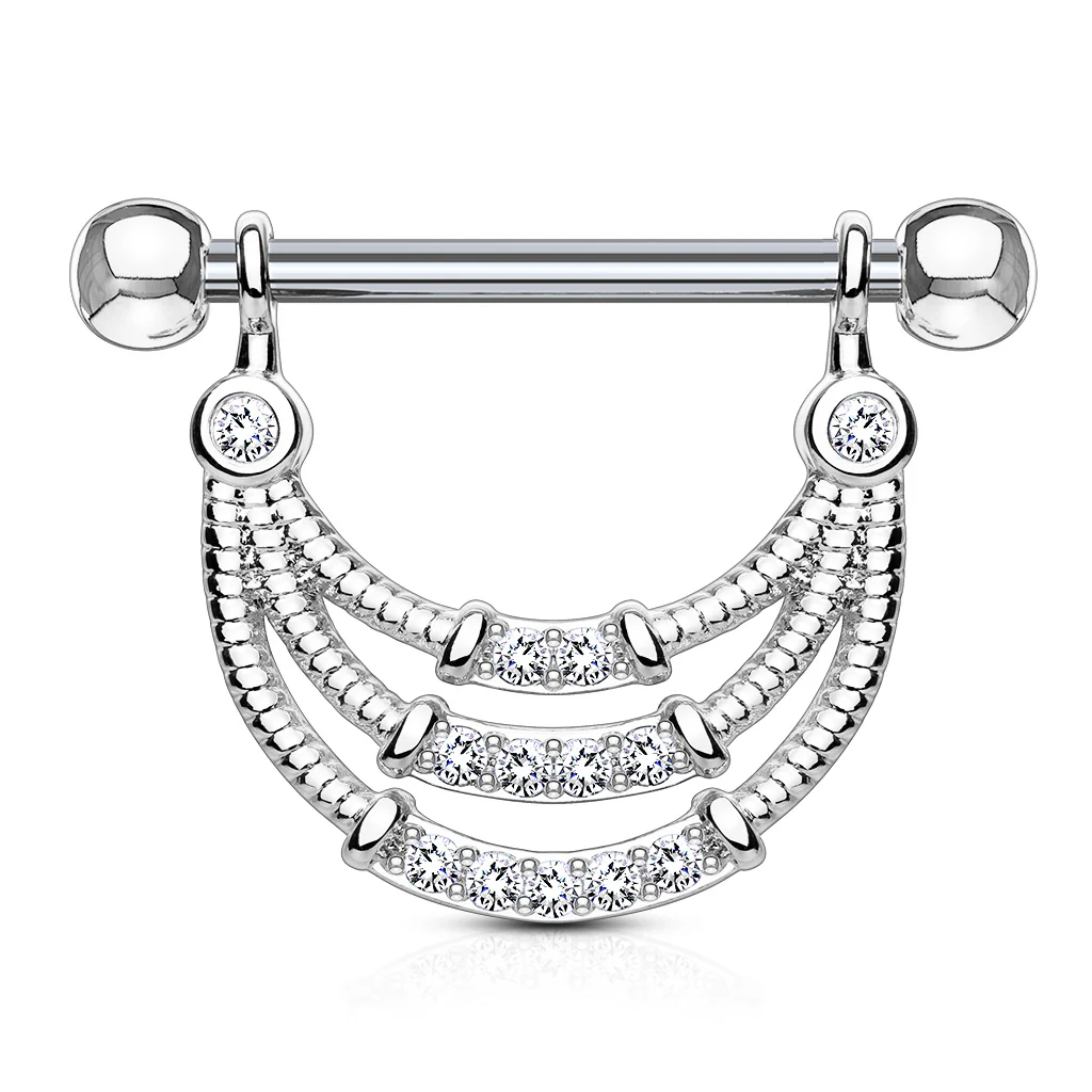 Pair of CZ Triple Dangle Surgical Steel Barbell Nipple Rings - Image 2