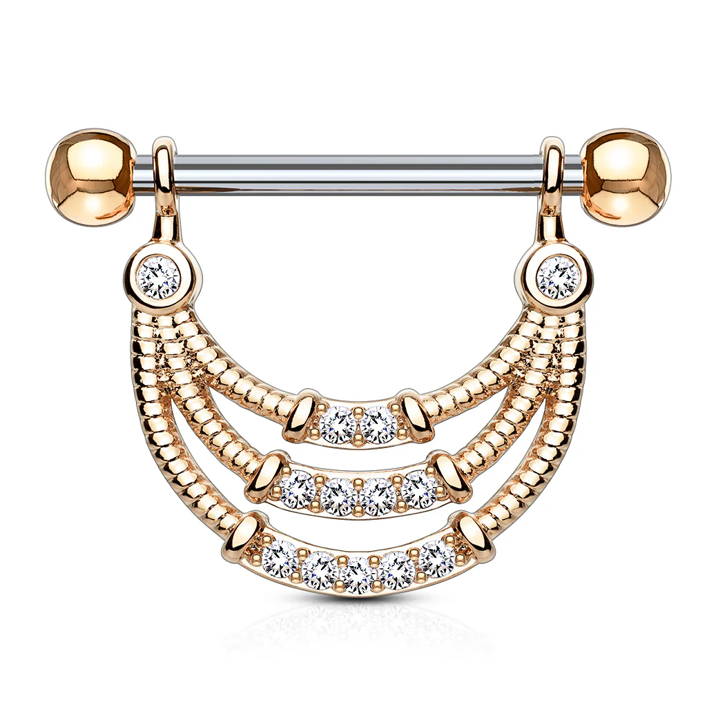 Pair of CZ Triple Dangle Surgical Steel Barbell Nipple Rings - Image 4