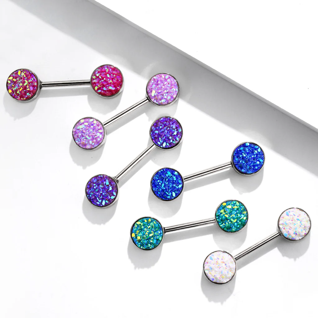 Pair Of Druzy Stone  316L Surgical Steel Barbell Nipple Rings