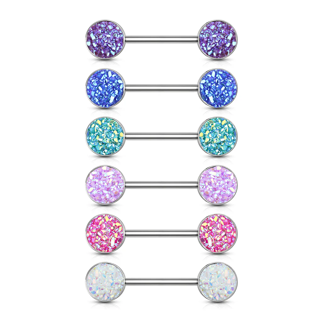 Pair Of Druzy Stone  316L Surgical Steel Barbell Nipple Rings - Image 2