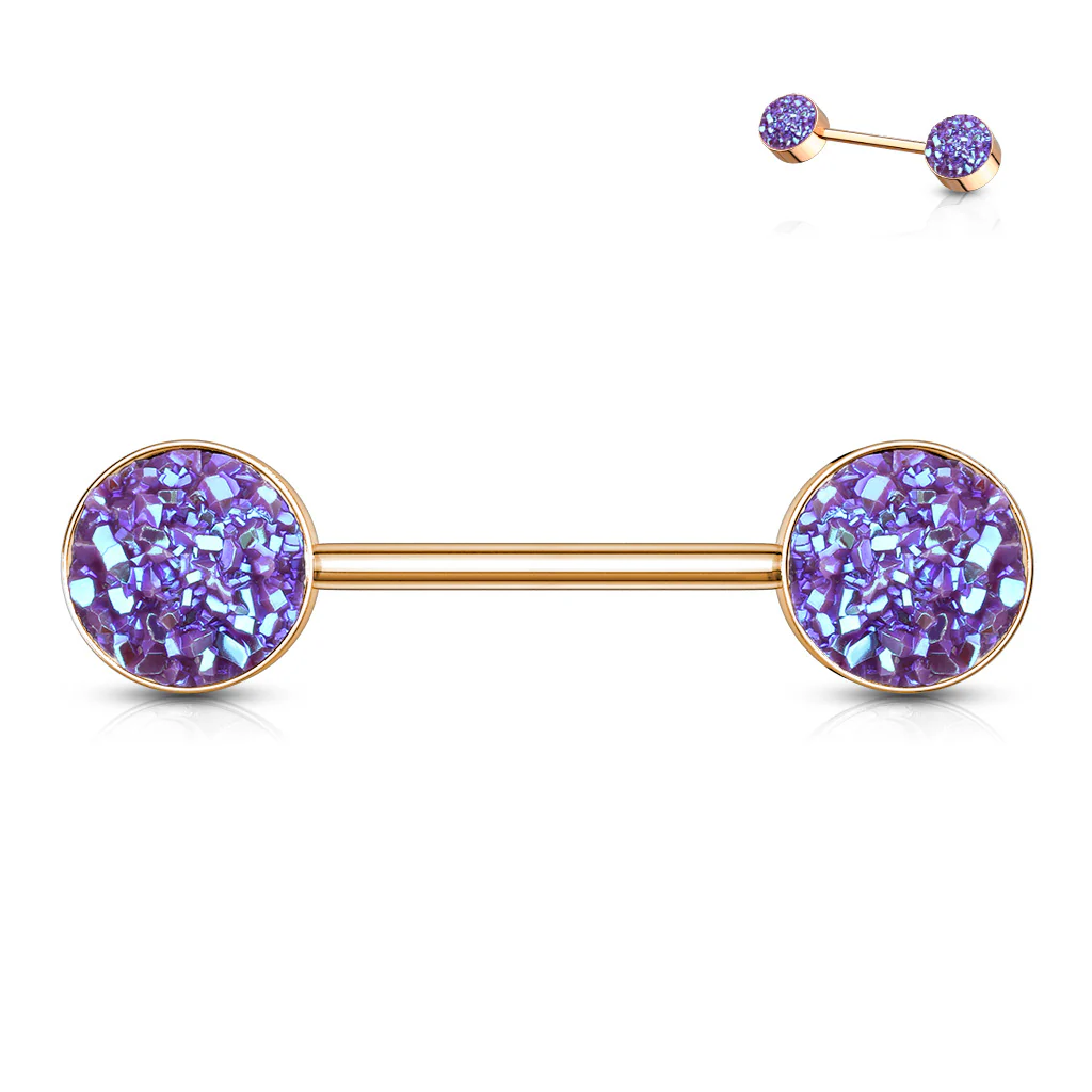 Pair Of Druzy Stone Rose Gold Nipple Barbell Rings - Image 2