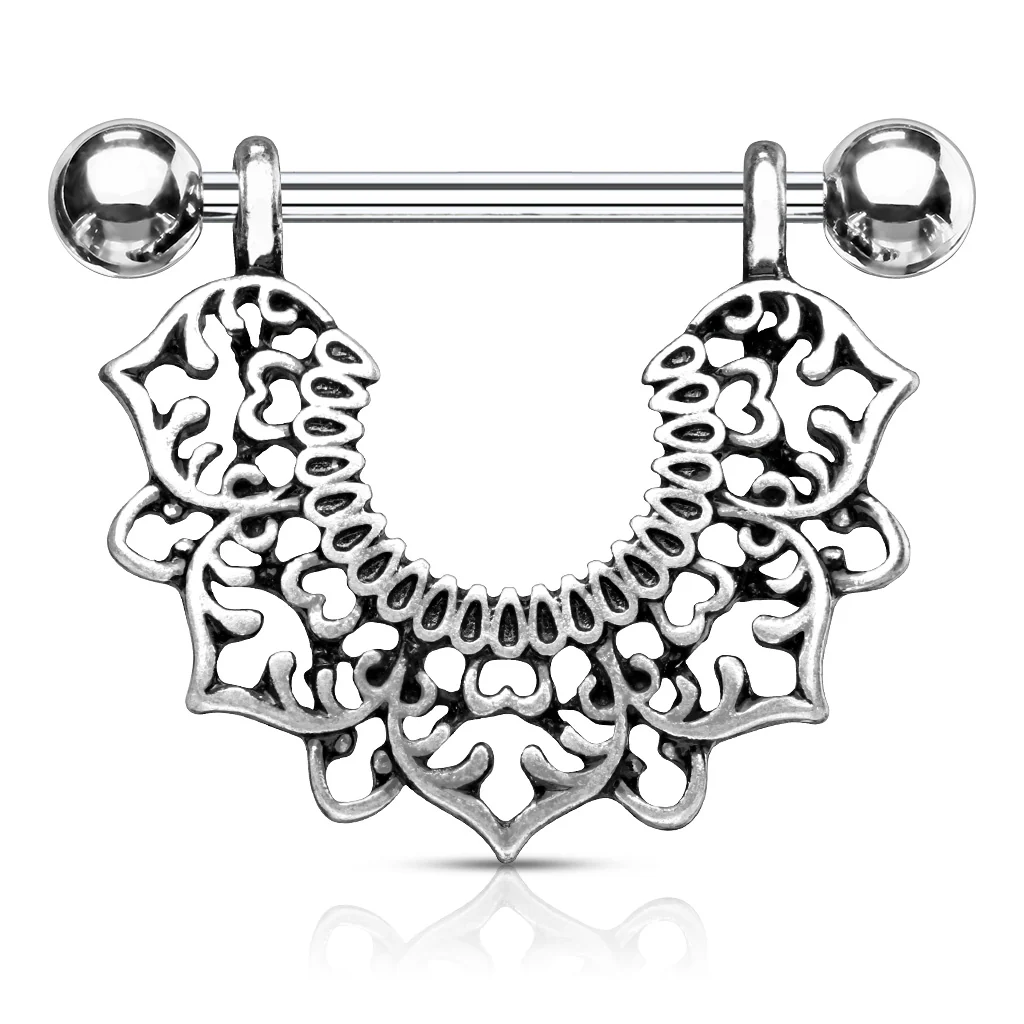 Pair of Filigree Flower Dangle Surgical Steel Barbell Nipple Rings - Image 2