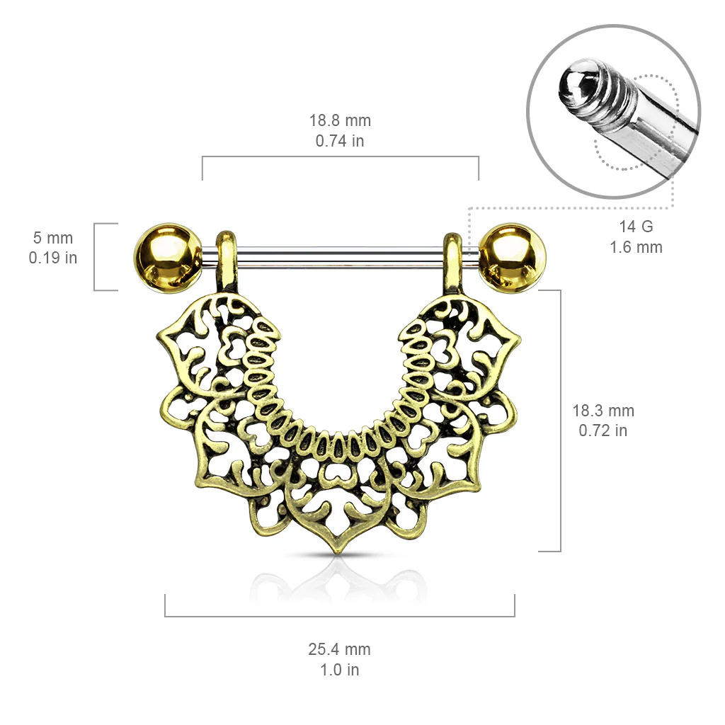 Pair of Filigree Flower Dangle Surgical Steel Barbell Nipple Rings - Image 3