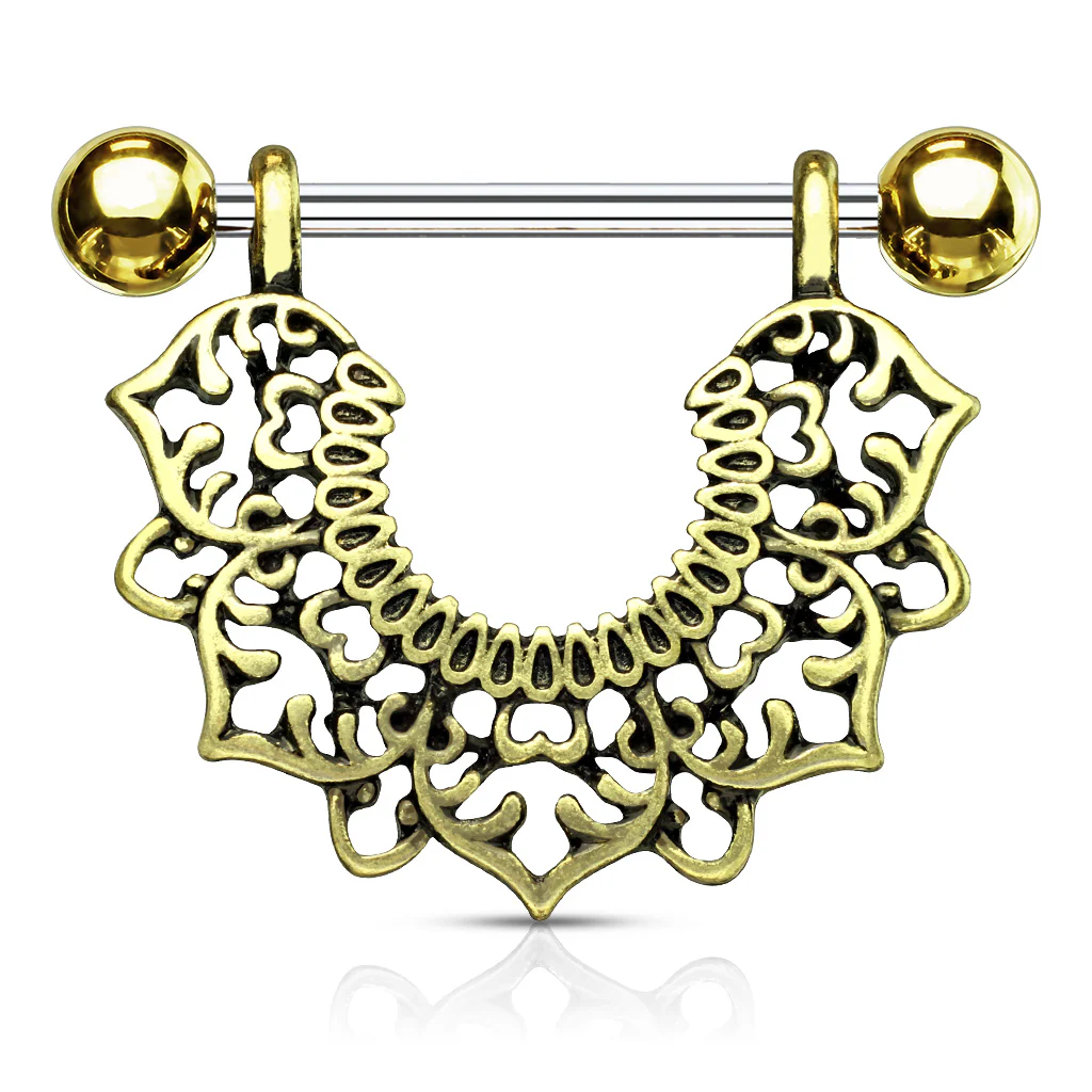 Pair of Filigree Flower Dangle Surgical Steel Barbell Nipple Rings - Image 4