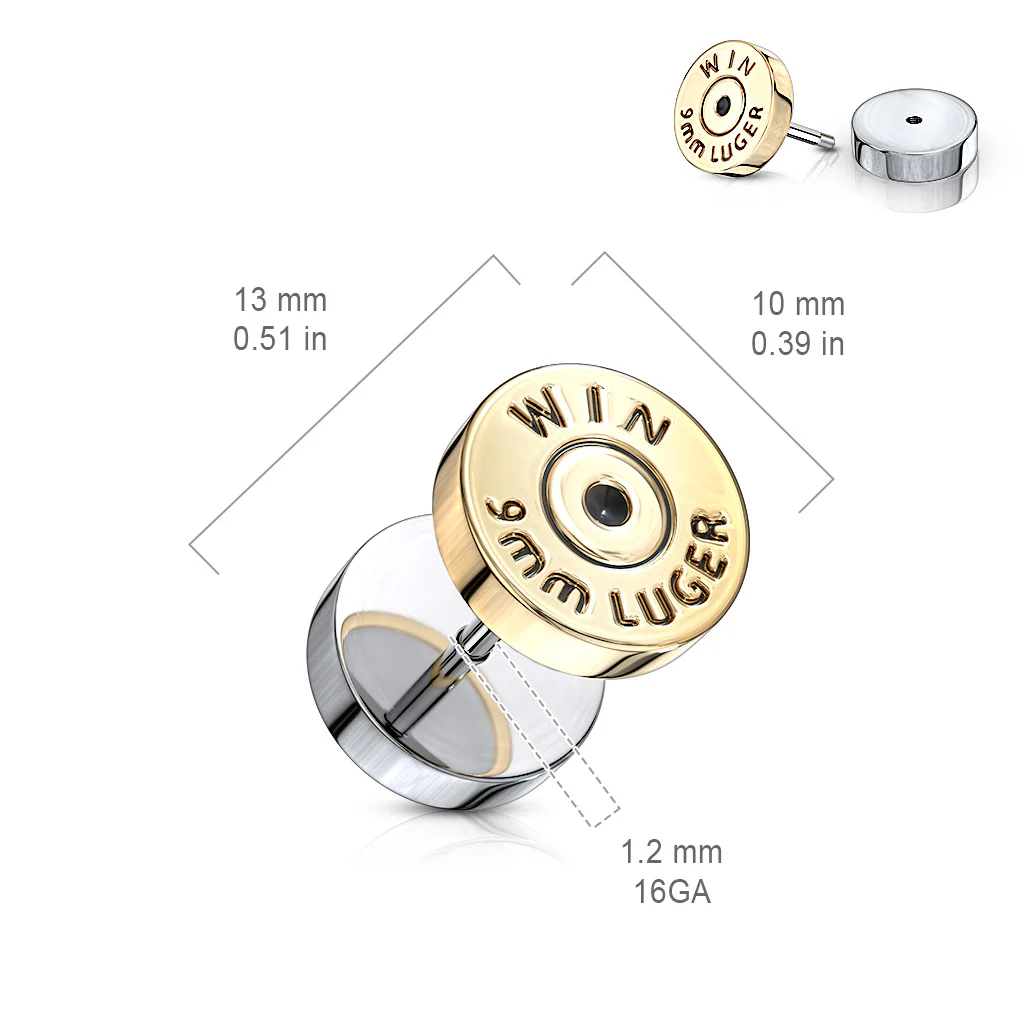 Pair Of Gold Bullet 16Gauge Surgical Steel Fake Ear Plugs - Image 2